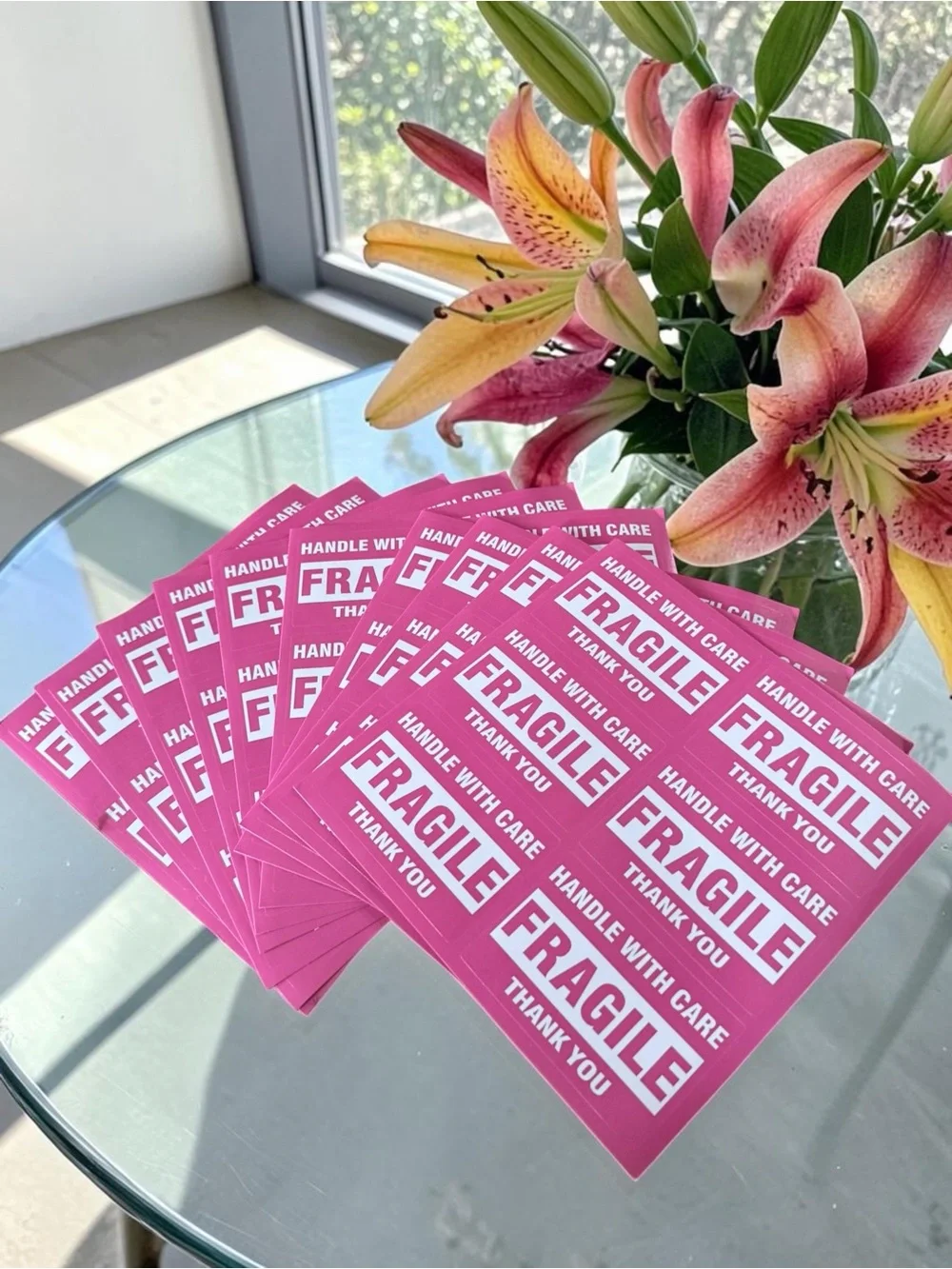 Handle With Care Light Pink Fragile Stickers 60 count